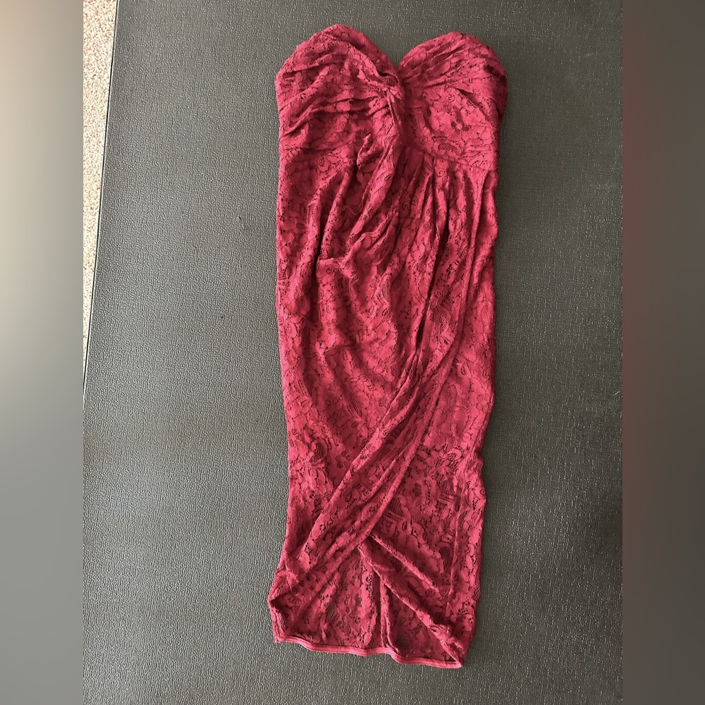 Burgundy lace strapless cocktail dress
